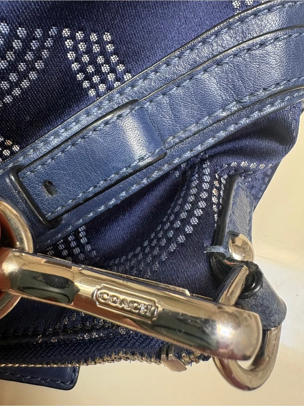 Coach Navy Circle Signature Satchel with Leather Trim